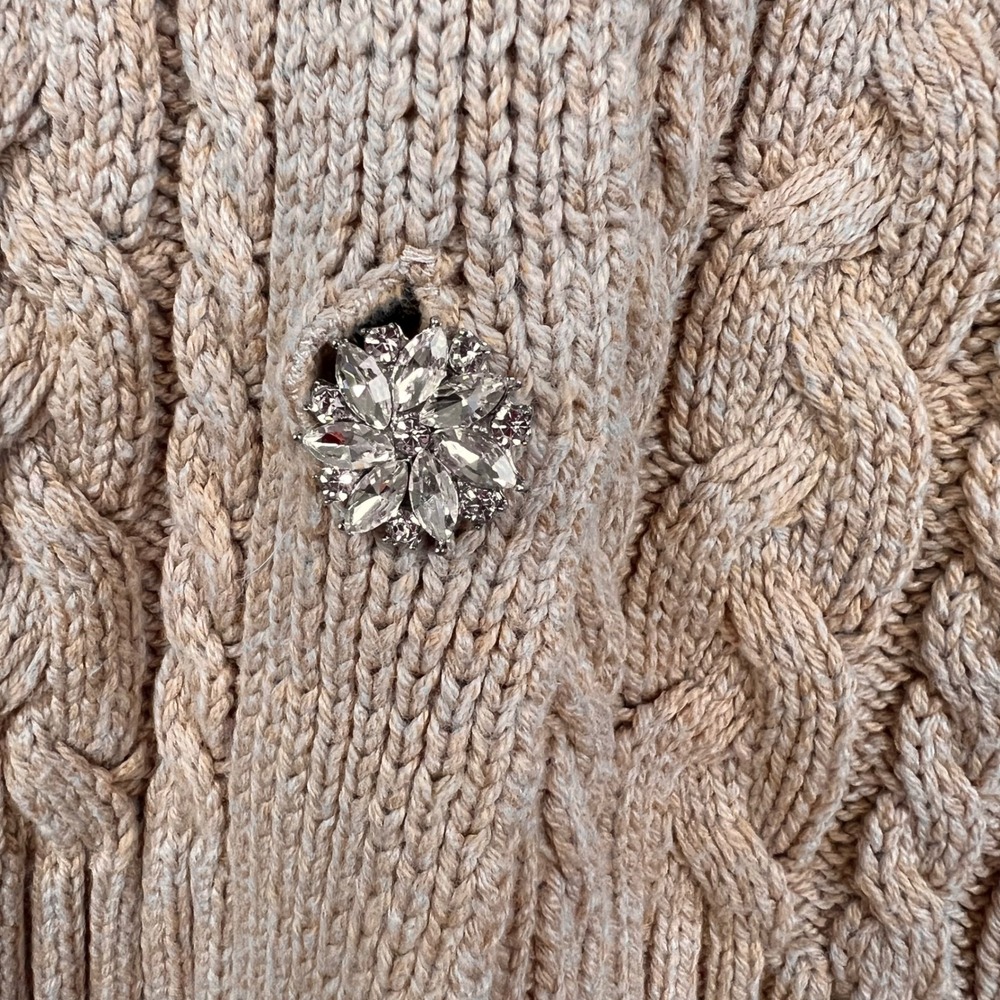 Anne Klein Cardigan Grandma XXL Cable Rhinestone Beige Oversized Sweater Cozy - Picture 3 of 10